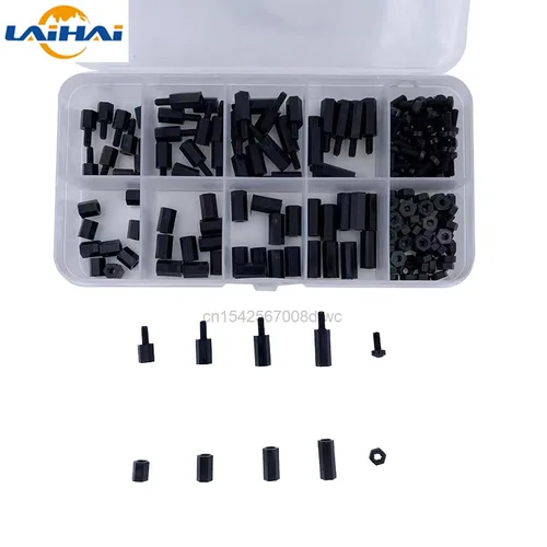 Imagen 1 del producto 200 unids/set M2 M2.5 M3 M4 negro/blanco hexagonal Nylon espaciador columna cabeza plana Nylon plástico espaciado tornillos tuercas