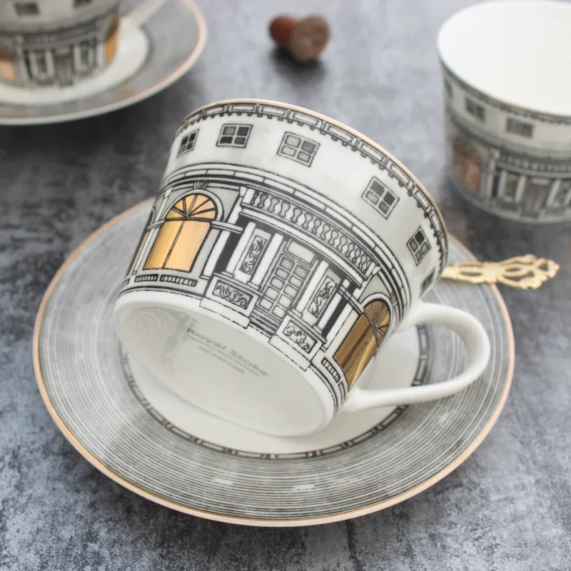 

Schwanberg Coffee Set High-end coffee cup & saucer Gold-plated Plate Architectural Design Drinkware Swan Castle Bone China