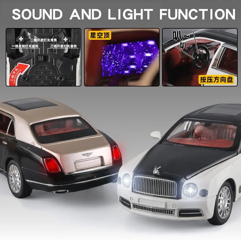 Diecast 1:24 Bentley Mulsanne Alloy Luxy Model Car Collection Vehicle Simulation Sound & Light Metal Toy Car Toy For Kids Gift