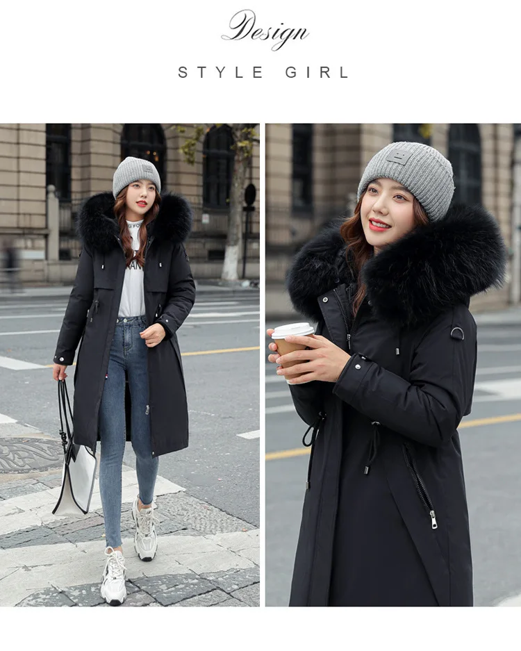 Women Hooded Parkas Coats Long Jackets Solid Detachable Big Fur Lenth Collar Zipper Drawstring Slim Fit Thick Casual 2025 Winter