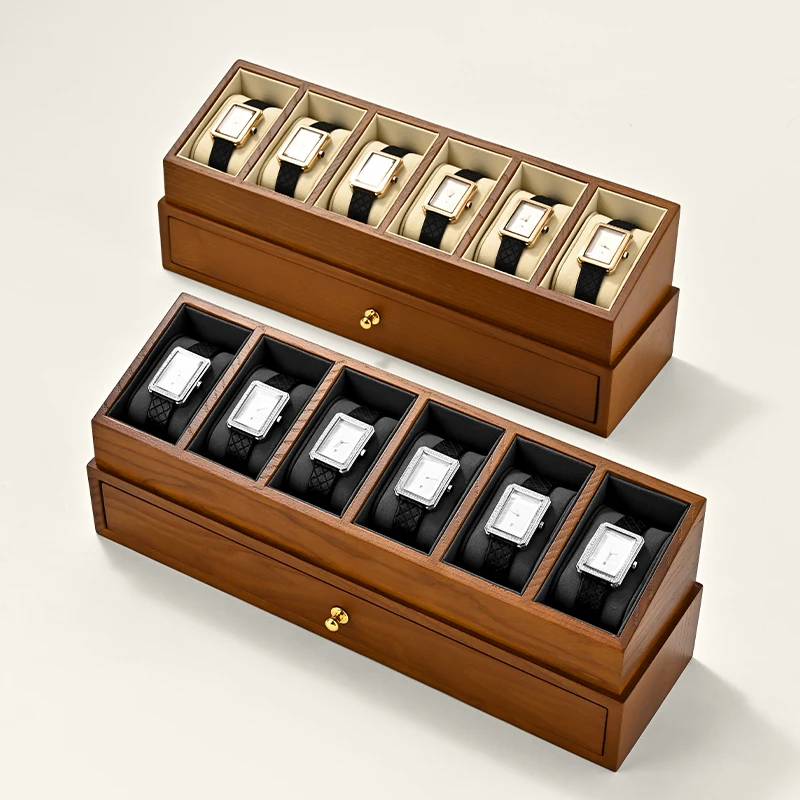 Oirlv 6 Grilds Wooden Watch Box Double-layer Jewelry Organizer Wrist Watch Display Box Dust-proof Transparent Cover Watch Case