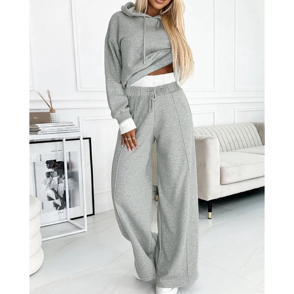 

Two Pieces Sporty Suits Set Women Colorblock Fake Two Piece Hoodie & Wide Leg Pant Set Causal y2k Elegant Outfits