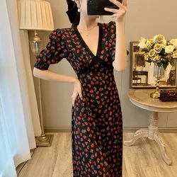 2022 Womens Rose Flower Print Midi Dress Lace Stitching V-Neck Slim Holiday Puff Sleeve High Waist Ladies Elegant Long Dresses