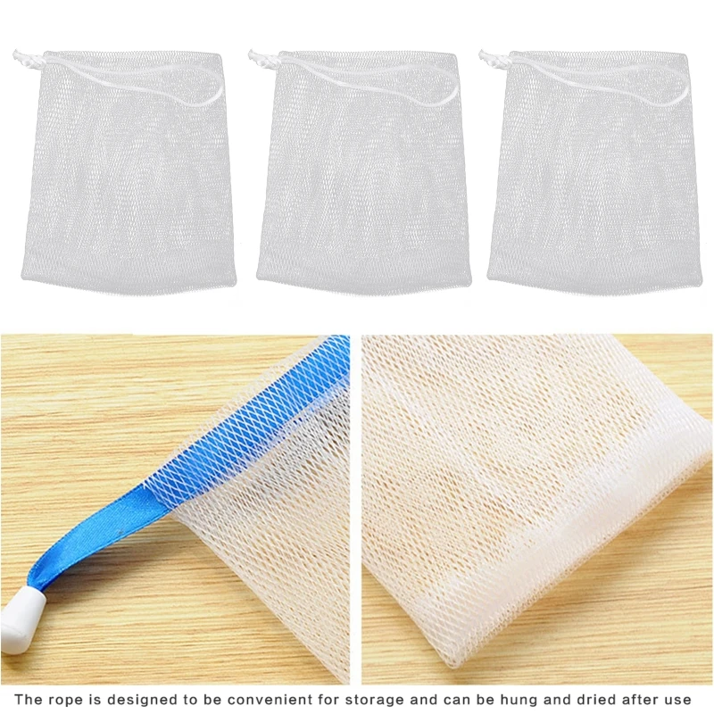 10PCS Exfoliating Mesh Soap Bubble Foam Double Layer Net Soap Saver Bag Drawstring Holder Bags