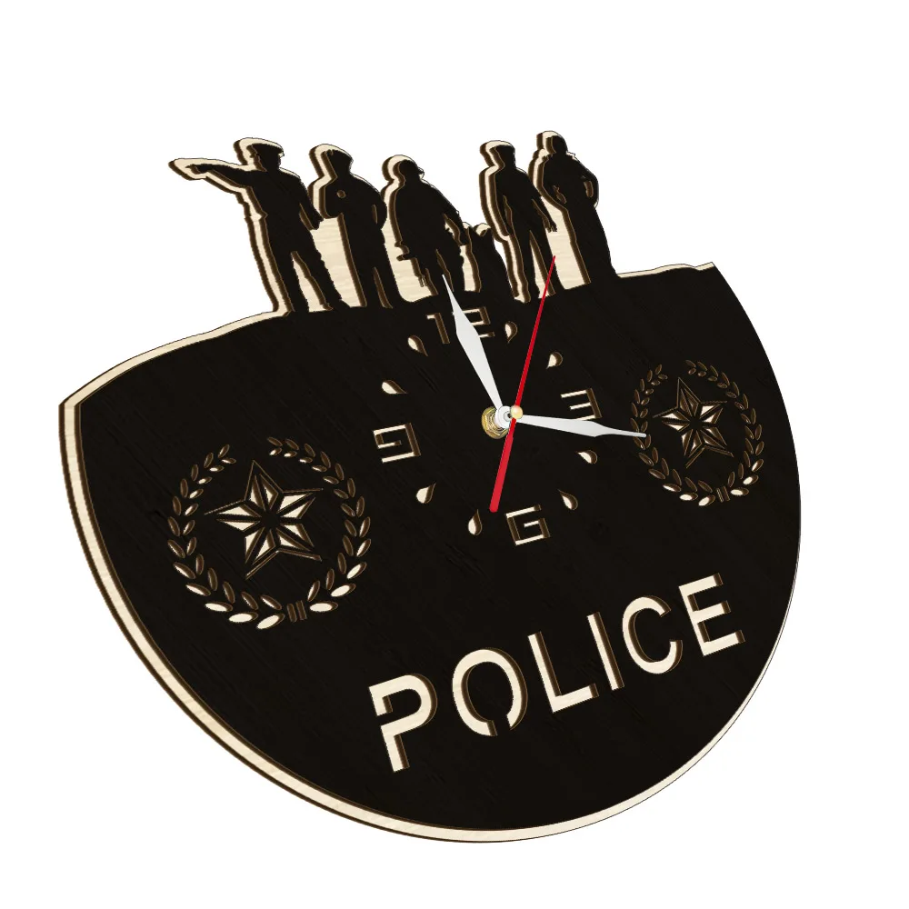 Policemen Silhouettes Laser Cut Wood Wall Clock For Police Department Decorative Wall Watch Police Badge Officer Retirement Gift