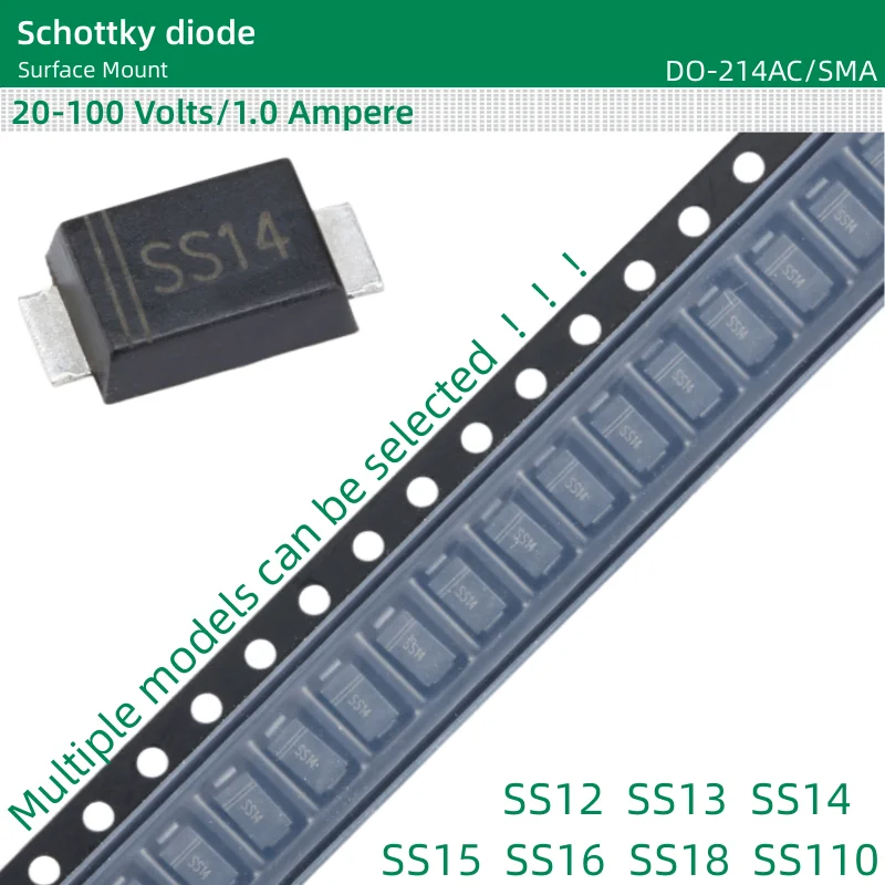 50pcs/lot Schottky diode DO-214AC/SMA package SS12 SS13 SS14 SS15 SS16 SS18 SS19 SS110 Surface Mount 20-100 Volts 1.0 Ampere