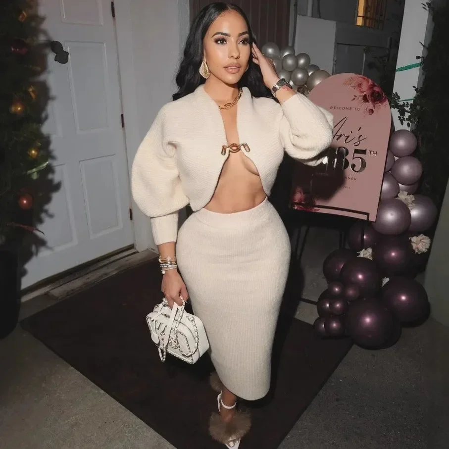 

2025 Spring Autumn Women Sexy Sweater Skirt Suit Y2K Fashion Long Sleeve Tops And Midi Long Skirt Dress Two Piece Sets