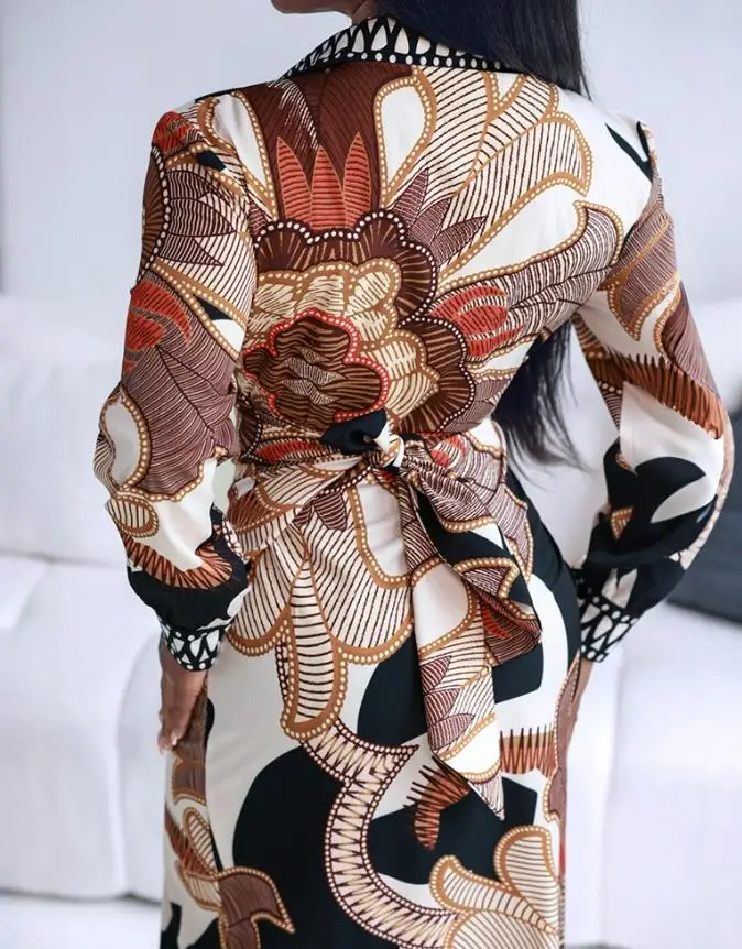 Vestido feminino outono inverno 2025 estampa geométrica casual detalhe amarrado camisa vestido vintage impresso fino ajuste plissado vestido elegante