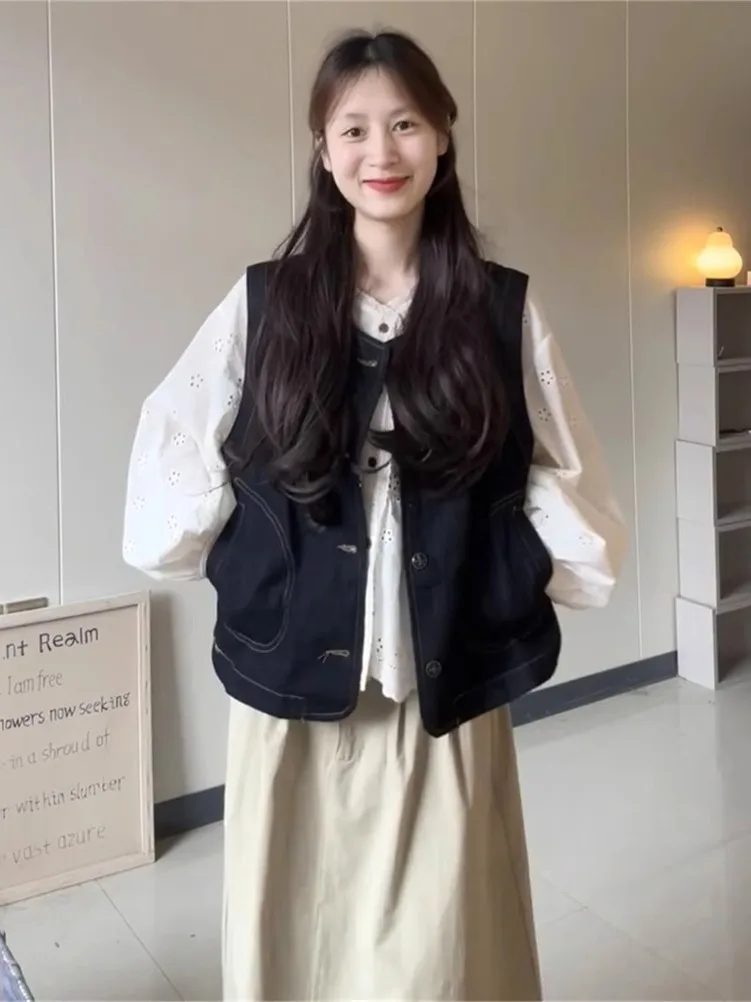 

Women's Denim Open Cardigan Vest Hollow Embroidery Loose Fit Shirt Two-Piece Set Autumn Fashion Casual Wear Sun Protection