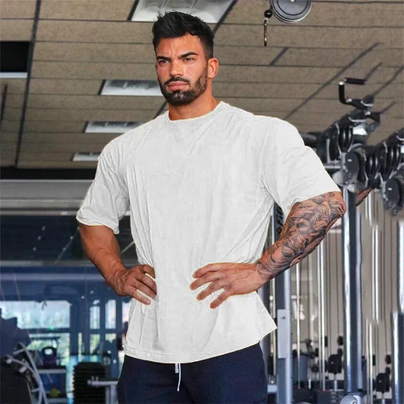 Plain Oversized Loose Gym Sport Clothing Mens Fitness Hip Hop Short Sleeve Shirts Bodybuilding Muscle Cotton Breathable T-shirts