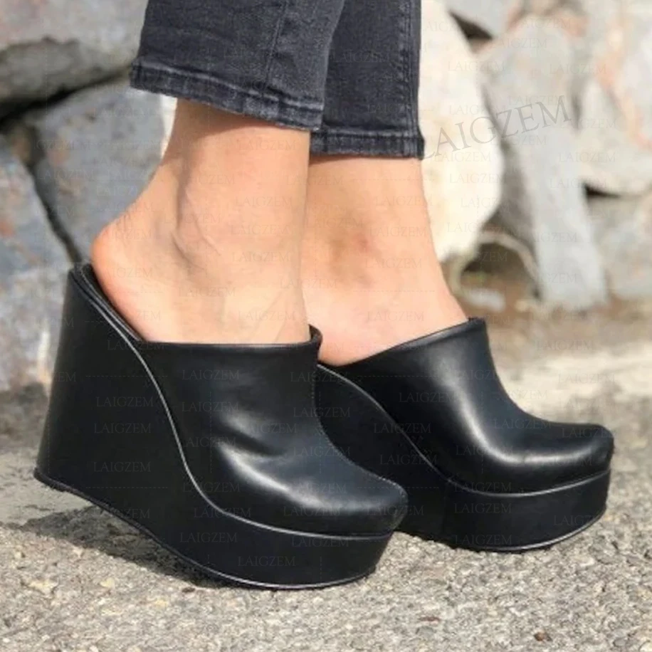 

SEIIHEM Women Platform Wedges Round Toe Pumps 12-14CM Height Increase Mules Handmade Female Shoes Woman Big Size 38 41 43 45 48