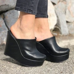 SEIIHEM Women Platform Wedges Round Toe Pumps 12-14CM Height Increase Mules Handmade Female Shoes Woman Big Size 38 41 43 45 48