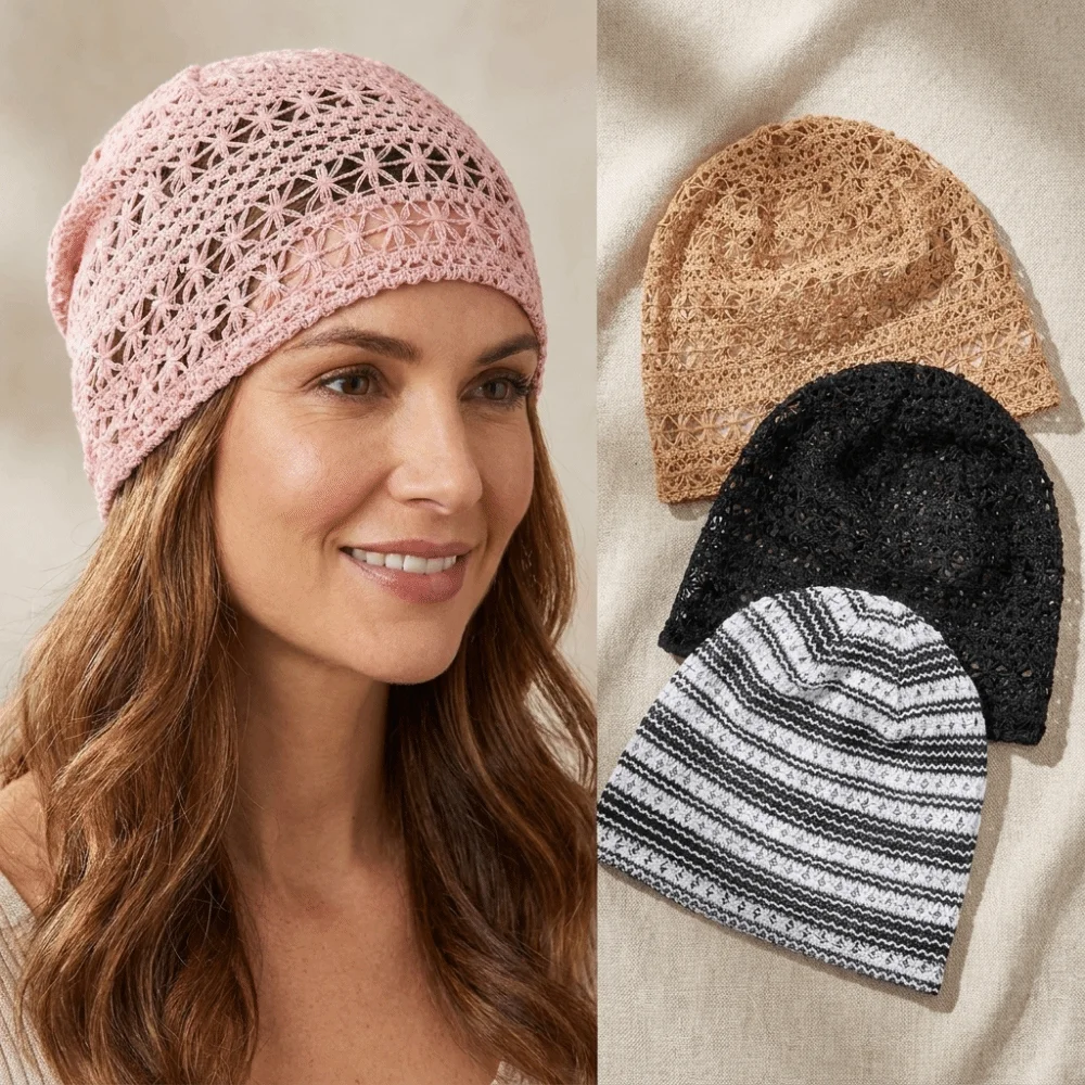 Lace Breathable Hollowed Hat Soft Elastic Fit Openwork Knit Hat Striped Pattern Lightweight Crochet Hat Travel Photo