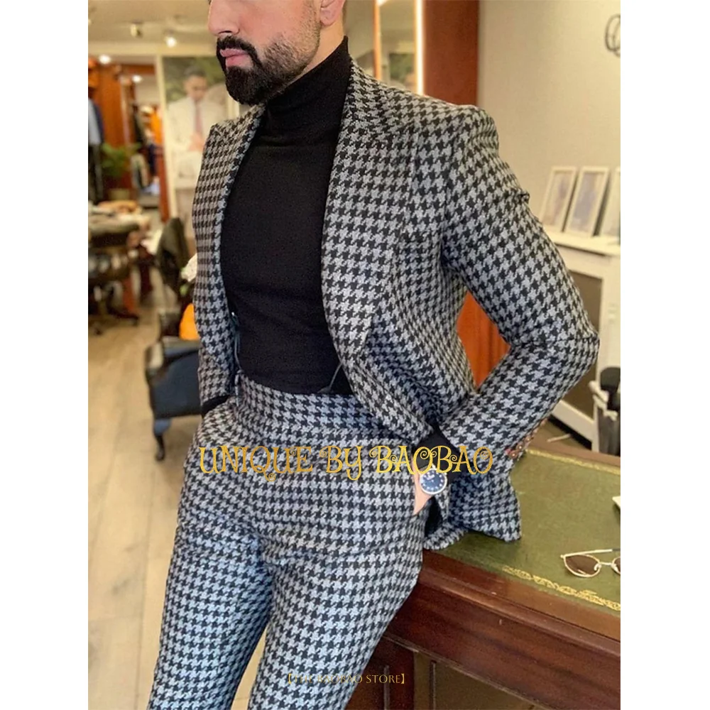 Red Men\'s Suits Tweed Houndstooth Plaid Check Wedding tuxedo 2 Piece Set Jacket & Pants Fashion Business Formal Tailored Fit