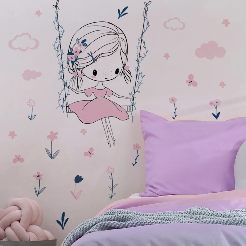 Cartoon Girl Swinging Wall Stickers Kids Girls Room Background Decor Bedroom Home Decoration Wallpaper Self-adhesive Mural