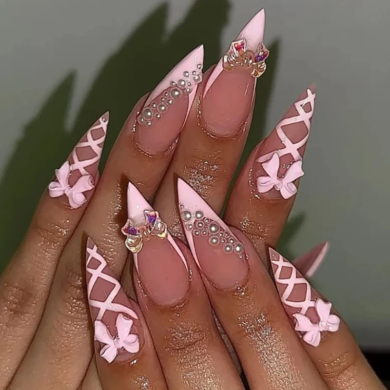 白い蝶ネクタイレースパール蝶結びリボンロングポインテッドフェイクネイルアートフレンチバレエ付け爪ラインストーンネイルチップネイルツール