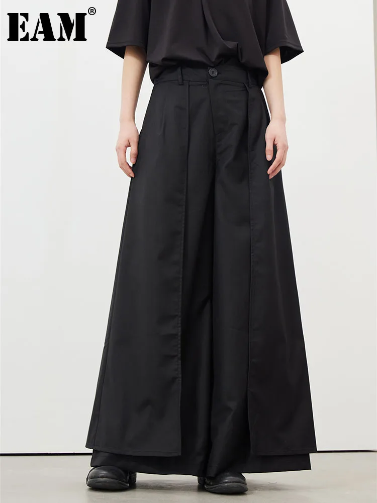 

[EAM] Women Black Pleated Long Elegant Wide Leg Pants High Waist New Loose Fit Trousers Fashion Tide Spring Autumn 2024 1DF9092