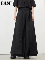 [EAM] Women Black Pleated Long Elegant Wide Leg Pants High Waist New Loose Fit Trousers Fashion Tide Spring Autumn 2024 1DF9092