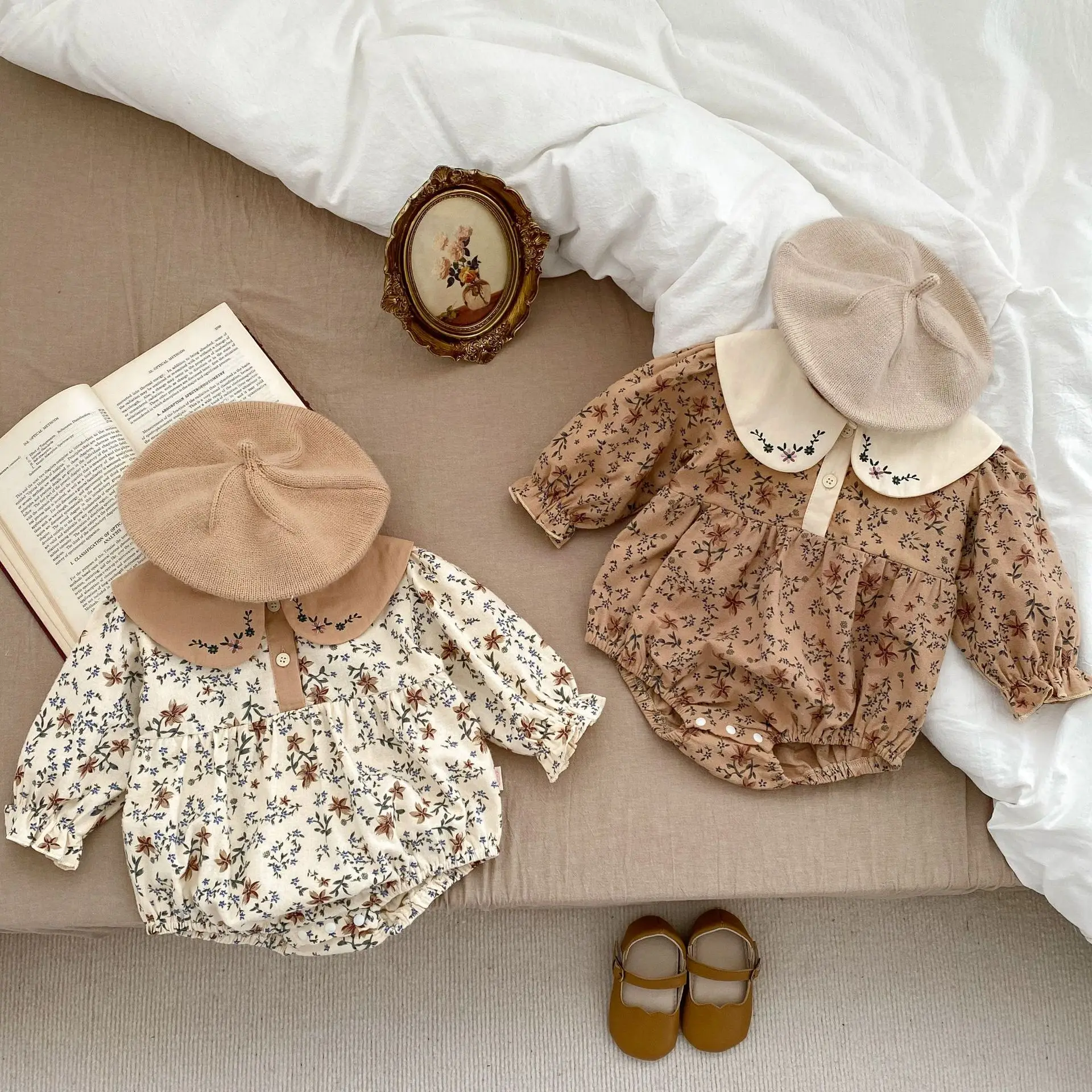 

Spring Floral Baby Clothing Overall Bodysuits Fashion Embroidery Peter Pan Collar Infant Newborn Baby Girl Romper Outfit