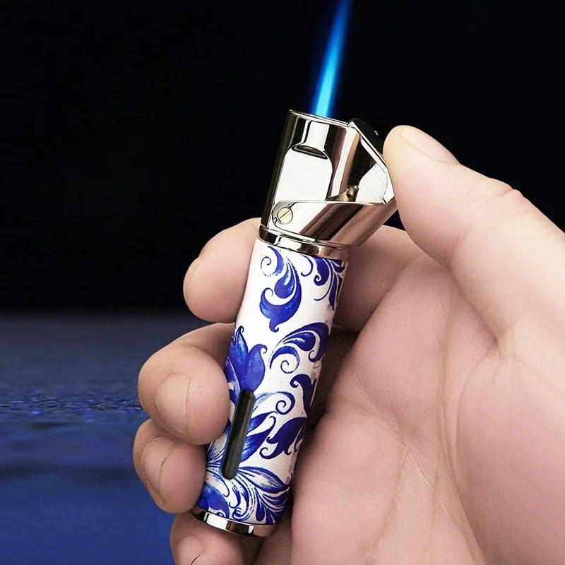 

HONEST Lighter Windproof Direct Charge Inflatable Lighter with Visual Gas Chamber Exquisite Blue and White Porcelain Pattern