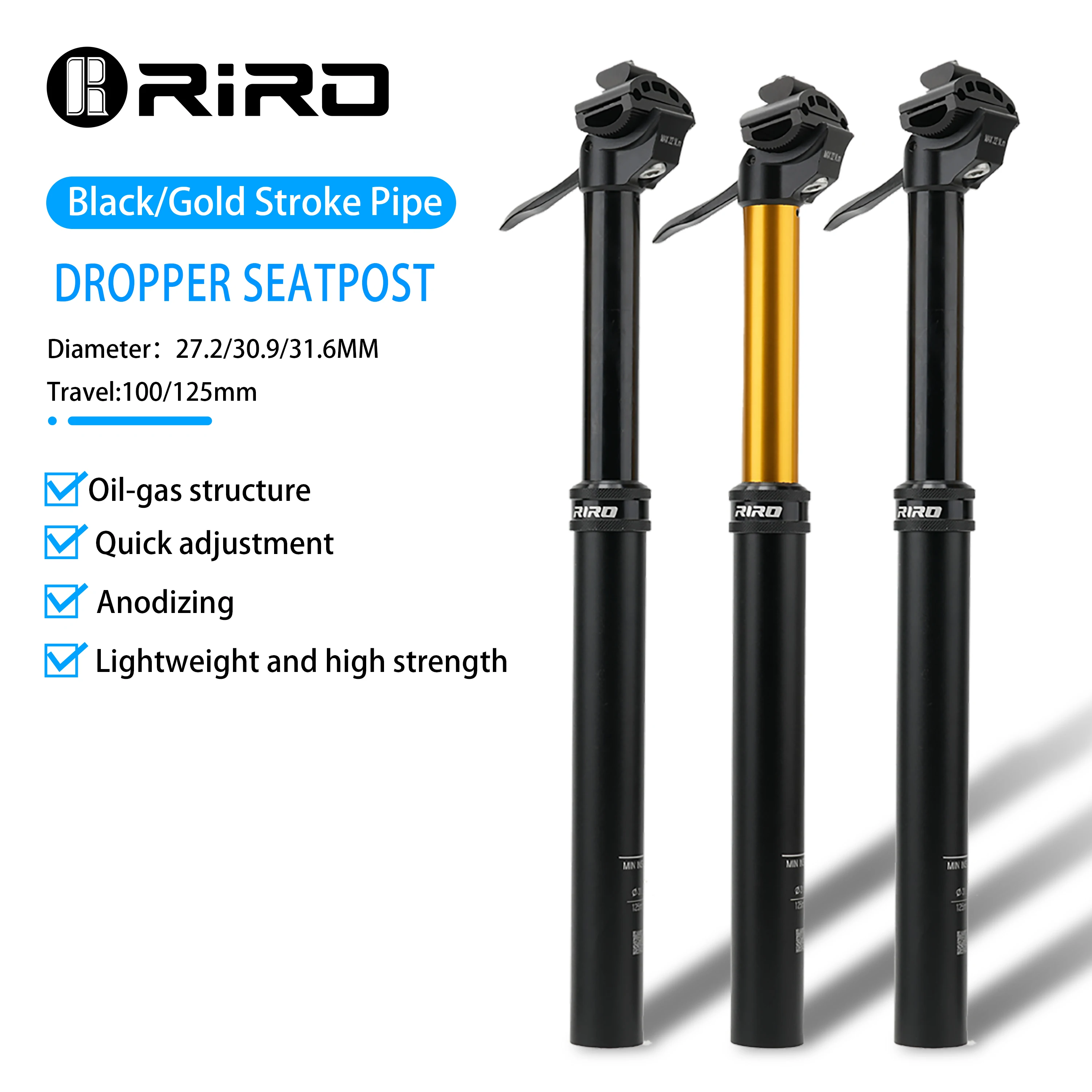 Image of RIRO MTB Dropper-Sattelstütze, hydraulisch, handgesteuert, teleskopierbar, Sattelrohr, Gold/Schwarz, 27,2/30,9/31,6 mm Durchmesser, 100/125 mm Verstellweg