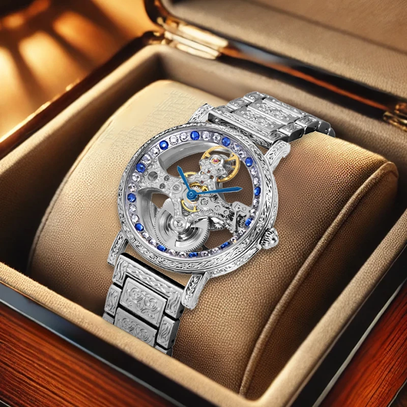 

Мужской серебряный стальной ремешок с эффектным модным крос-скелетонизированным автоматическим механическим часам.