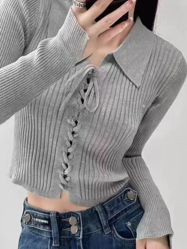 

Retro American Style Knitted Top Slim Fit Versatile Short Style Tie Waist Collared Elegant Fashionable Women's Autumn Top