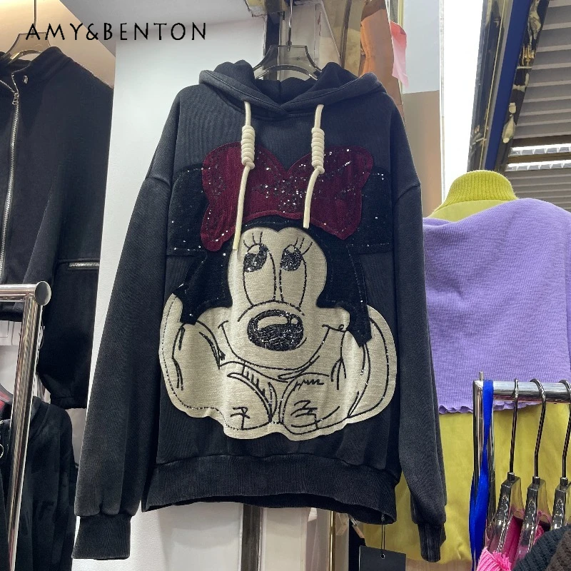 

2025 Autumn Winter Fleece Heavy Embroidery Cartoon Age-Reducing Loose Hoodies Coat Fashion Thickened Hooded Sweatshirt For Women