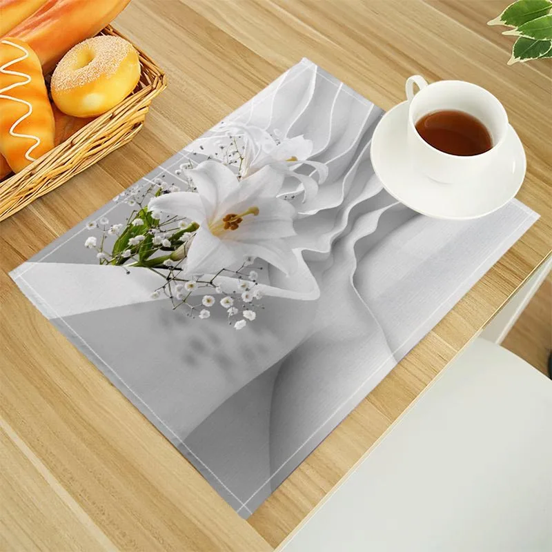 Lily Flower Floral Placemat Linen Fabric Table Mats Family Dinner Tableware Kitchen Table Mat 32X45cm