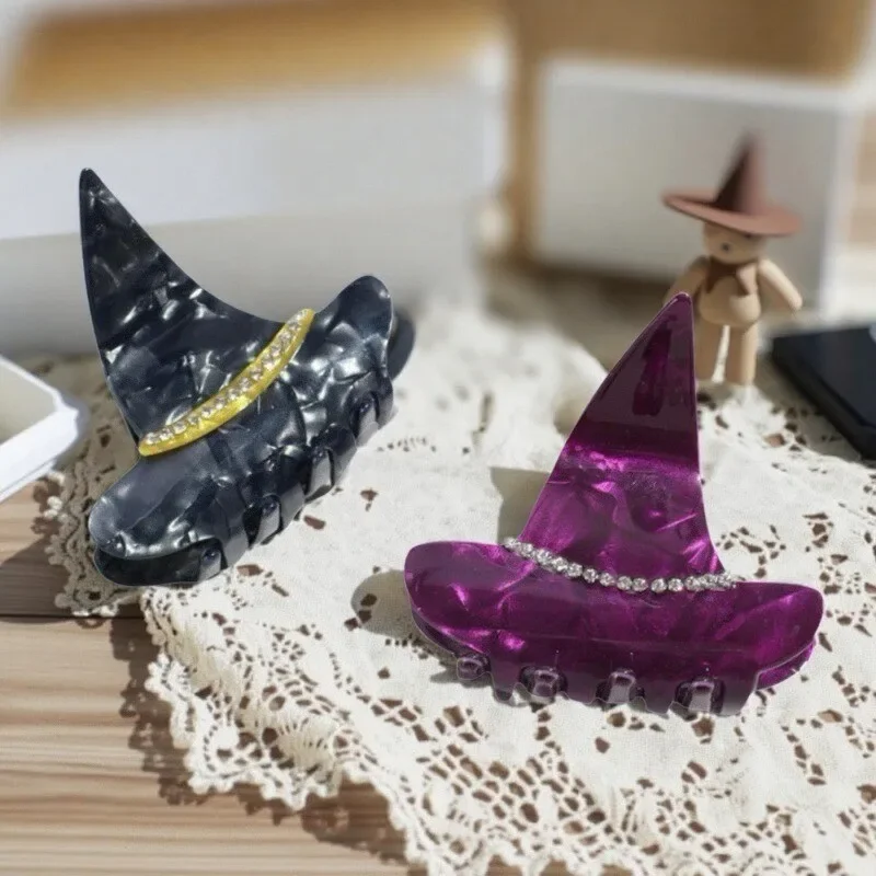

NC 2025 Новая шляпа ведьмы со стразами, коготь для волос, дизайн на Хэллоуин, акриловые заколки для волос, аксессуары для волос для женщин и девочек