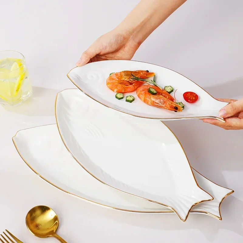 Steamed Fish Restaurant Home Kitchen Tableware Porcelain Fish Plates with Gold-rimmed Creative Fish-shaped Dinner Charger Plate