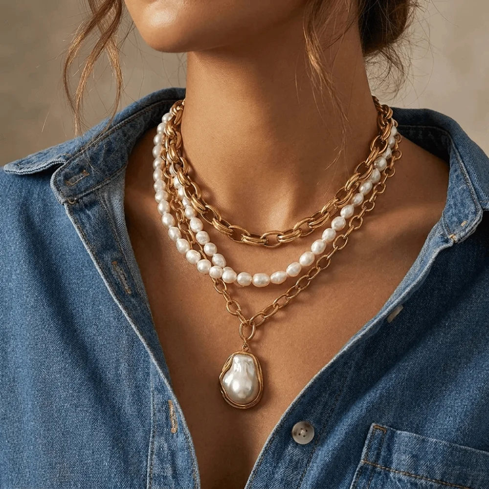 Multi-Layer Stackable Pearl Pendant Necklace Irregular Alloy Paperclip Chain Necklace Link Gold Tone Choker Necklace Vacation