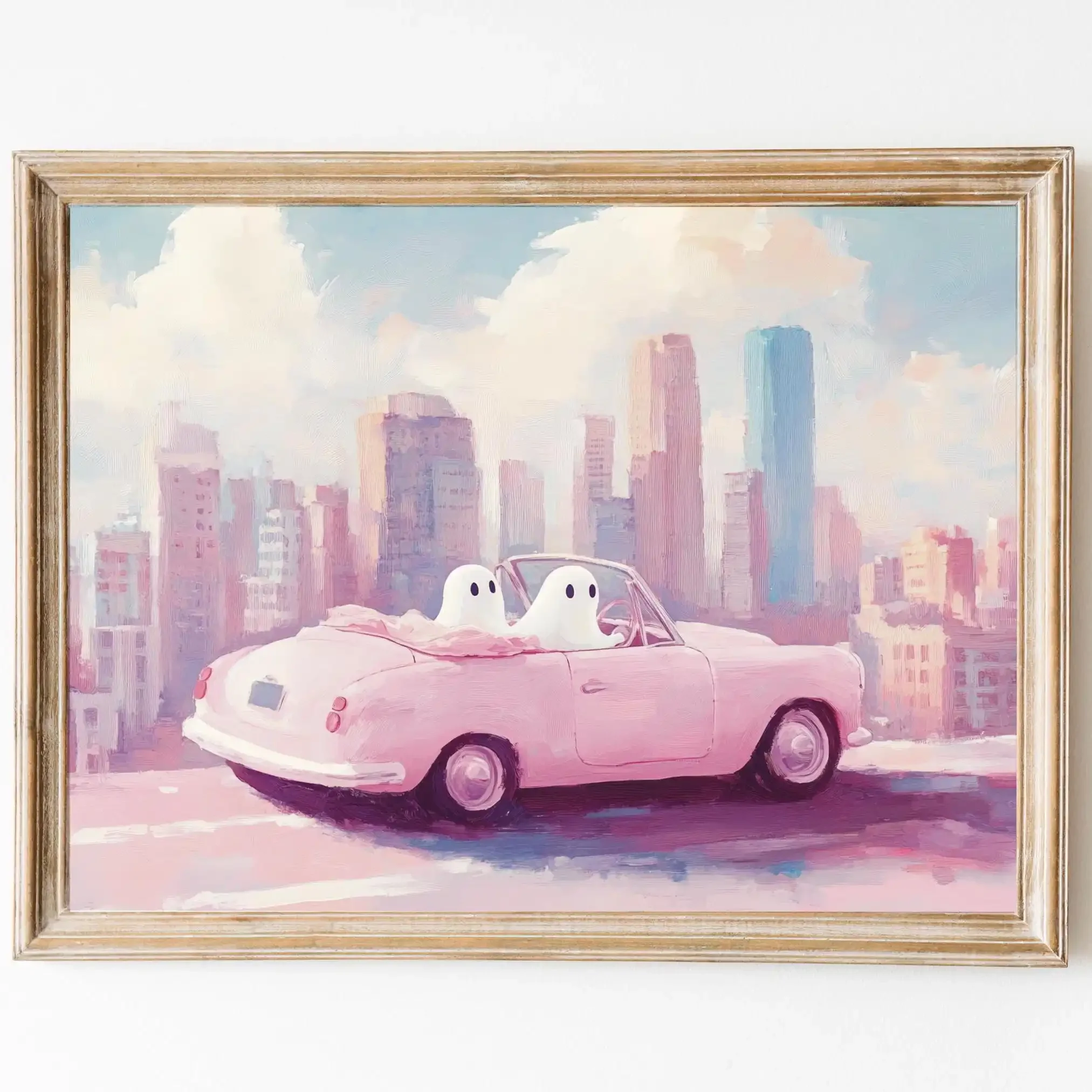 Ghosts Riding A Car Canvas Painting Aesthetic Halloween Canvas Print Girly Spooky Decor, Pink Halloween Poster for Bedroom De