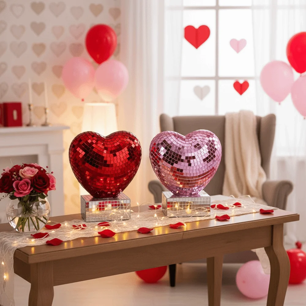 Reflective Heart Shape Disco Ball Decoration Romantic Shining Mirror Surface Ornament Widely Use Red/Pink Color