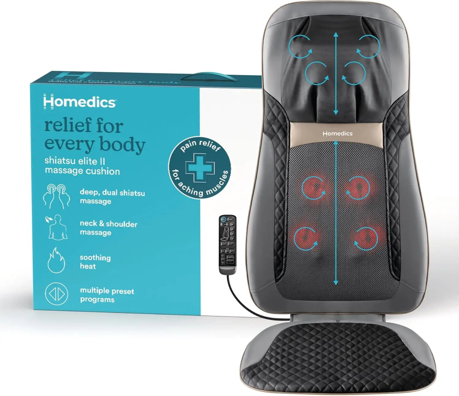 

Heated Neck and Back Massage Cushion with Shiatsu, 3 Styles & Zones, Includes Controller and Straps