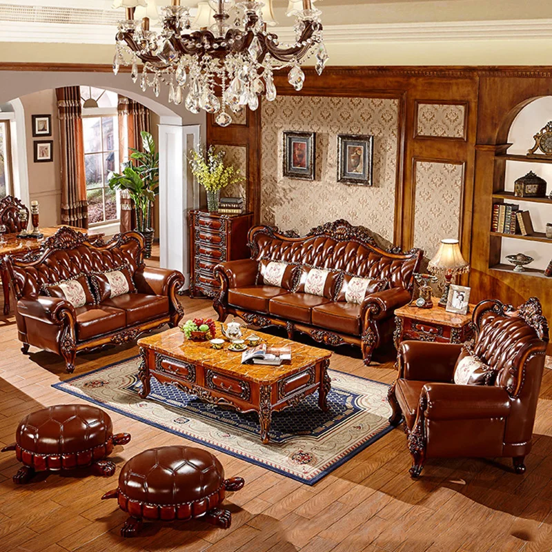 European Style Leather Sofa, Solid Wood Top Layer Cowhide Combination Set Villa  Luxurious Living Room American Furniture xf01