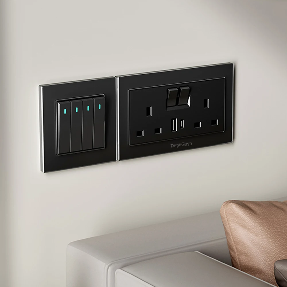 لوحة جدارية من الزجاج المقسى باللون الأسود منافذ ومفاتيح كهربائية في المملكة المتحدة مقبس منفذ شحن USB من النوع C 18 وات 1/2/3/4 عصابة 1/2 طريقة #4