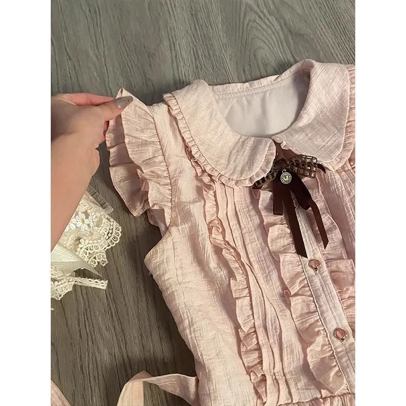 Japonês doce vestido de verão feminino rendas retalhos rosa em camadas bolo vestido lolita inspirado bonito laço peter pan colarinho vestidos
