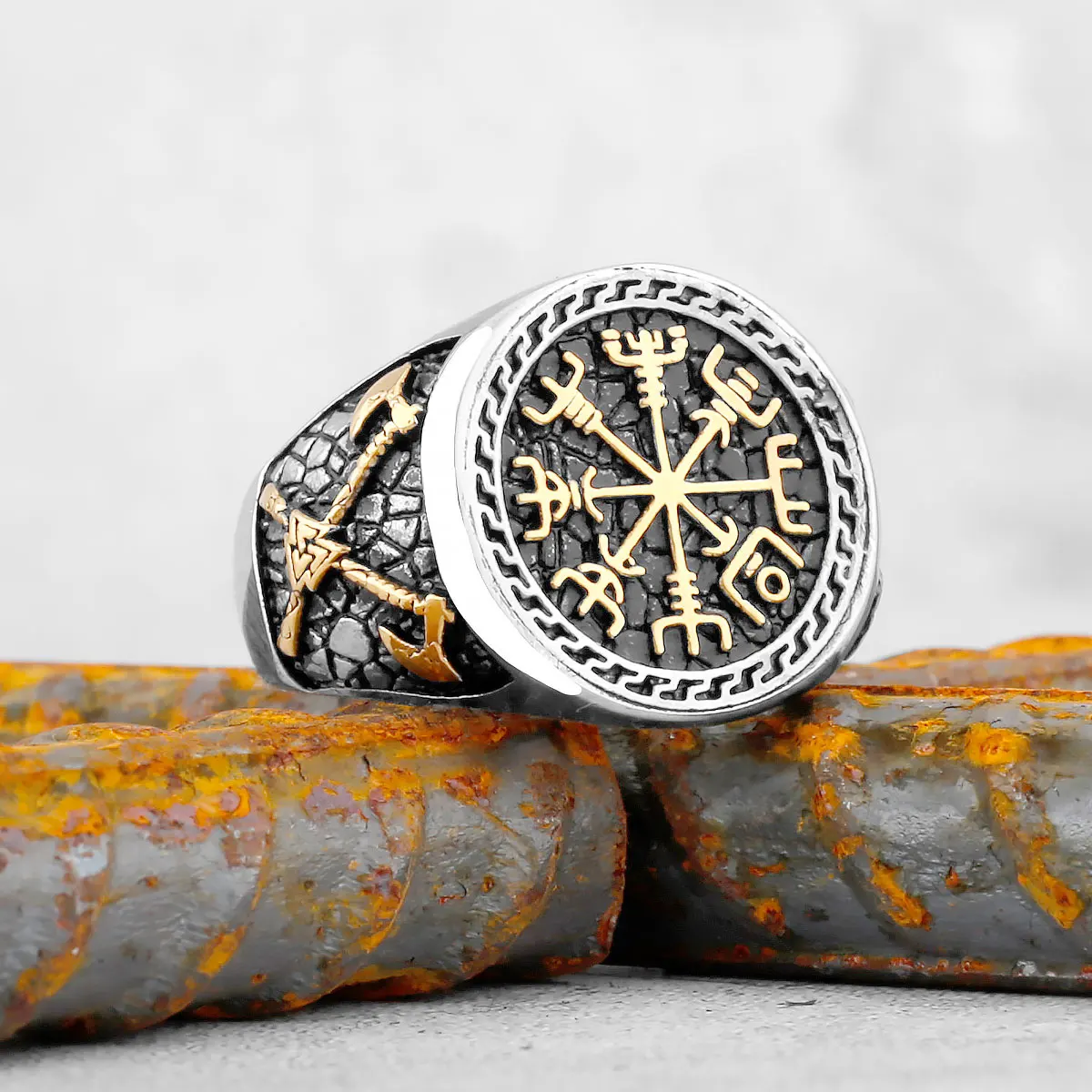 Vintage Viking Stainless Steel Compass Ring Men\'s Viking Valknut Axe Ring Punk Odin Rune Gold Color Ring Jewelry Gift Wholesale