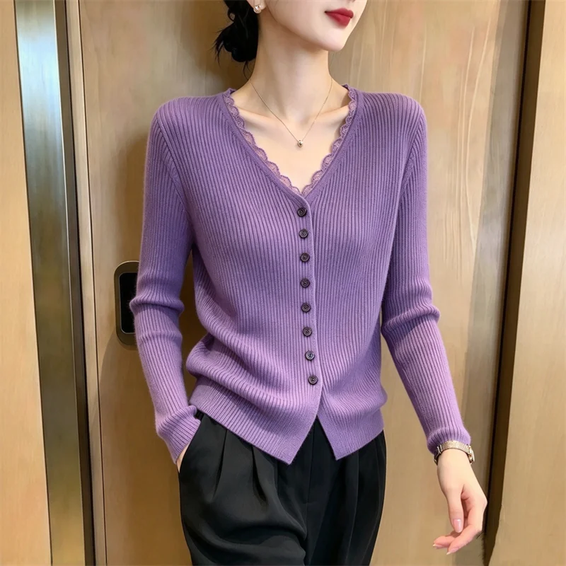 Women Lace Trim V Neck Knit Cardigan Slim Fit Elegant Long Sleeve Soft Autumn Inner Top