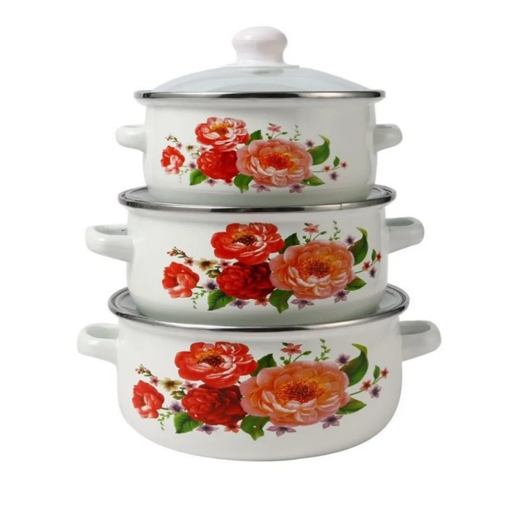 

3pcs 16/18/20cm Enamel Pot Visible Floral Stew Soup Pot Multi-Purpose with Lid Kitchen Cookware Set Gas Induction Cooker