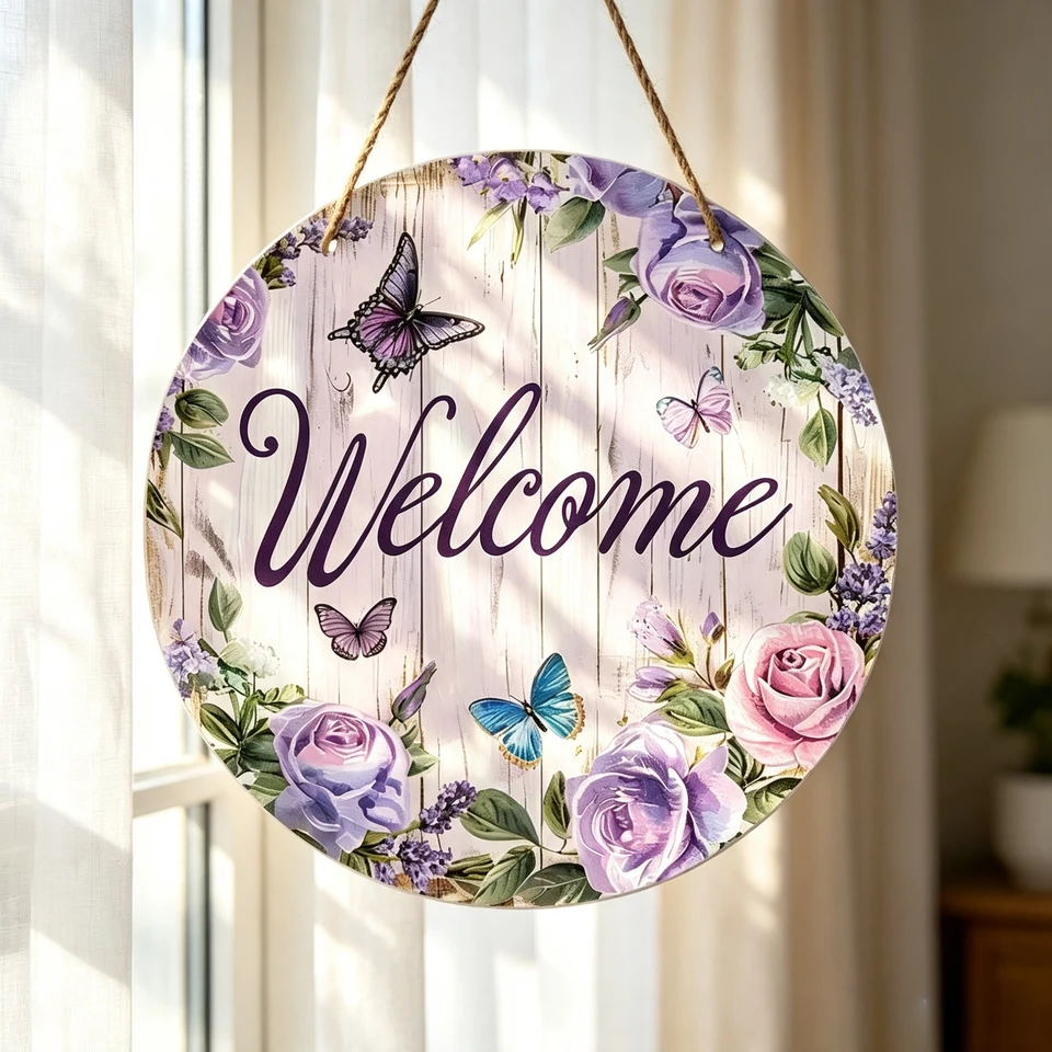 Vintage Floral Butterfly Welcome Door Hanging Sign