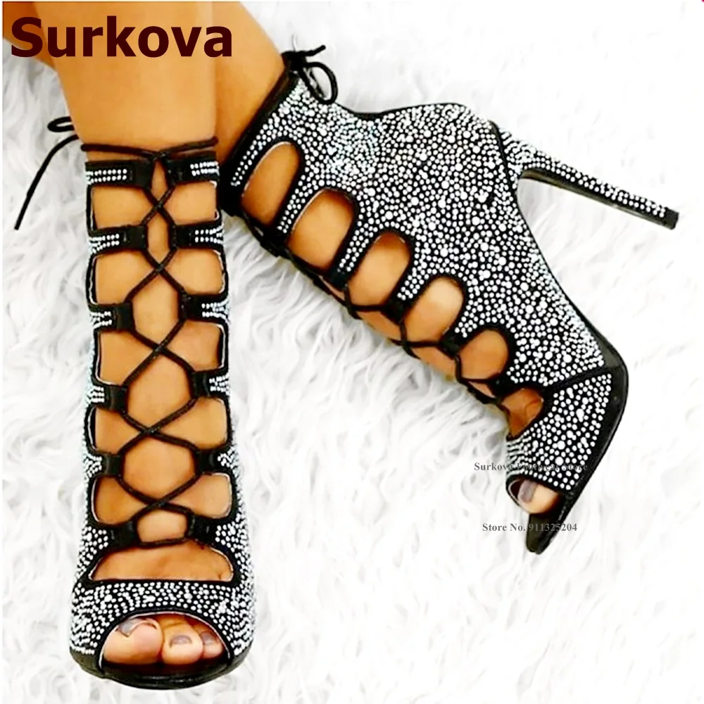 

Surkova Bling Bling Silver Crystal Lace-up Sandals Fully Covered Rhinestone Glitter Sandals Booties Cross Tied Party Shoes