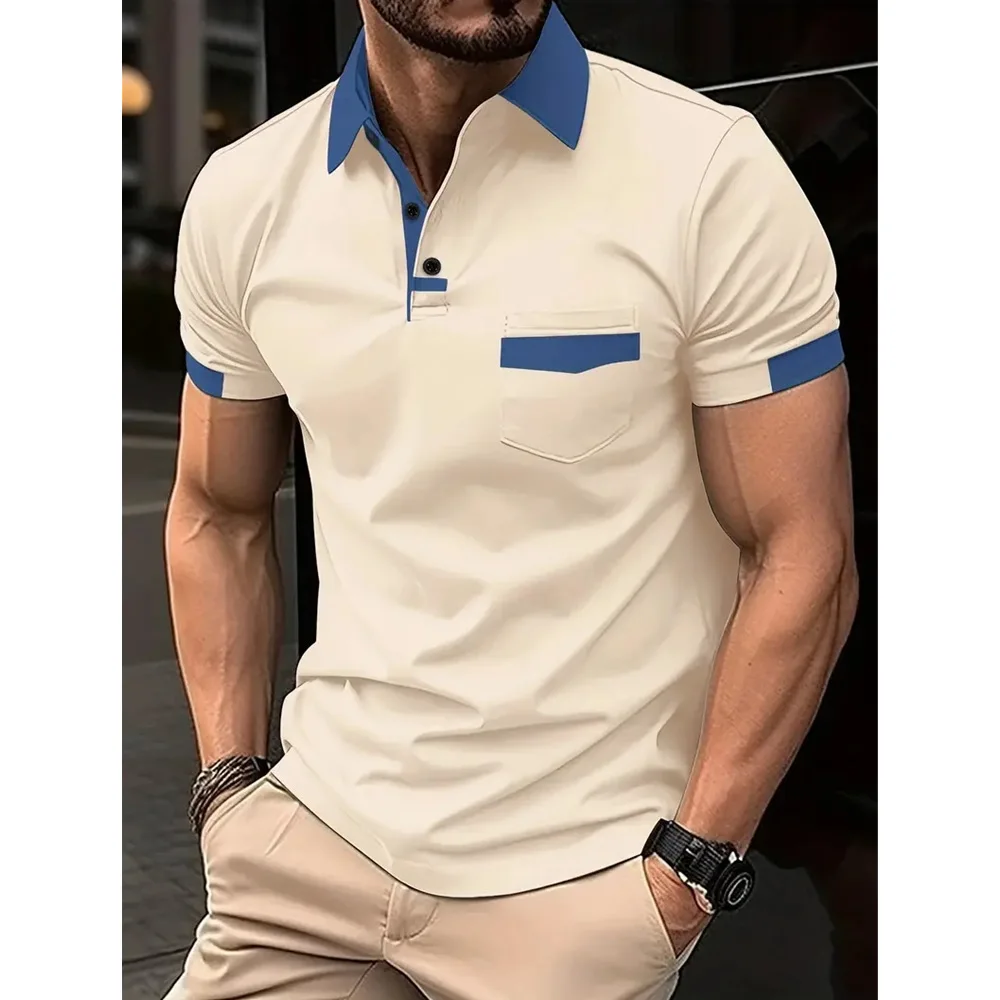 Men\'s New Casual Summer Short-sleeved T-shirt Fashion Pocket Color Matching Lapel Button Sports POLO Shirt