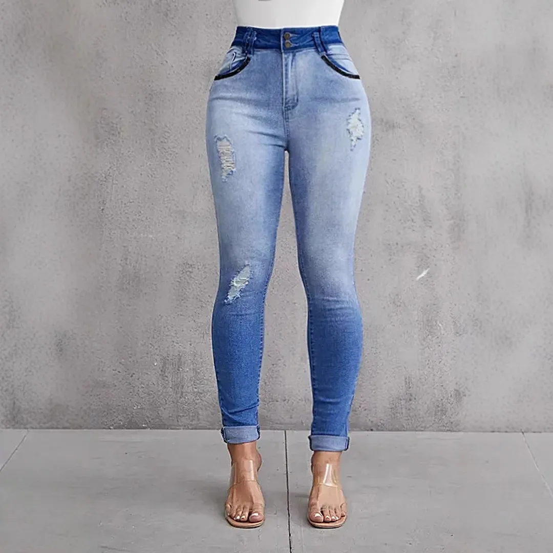Elastic, Slimming, Hip-lifting High-waisted Jeans. Four Seasons New Fashionable Gradient Casual Ripped Skinny Jeans for Ladies