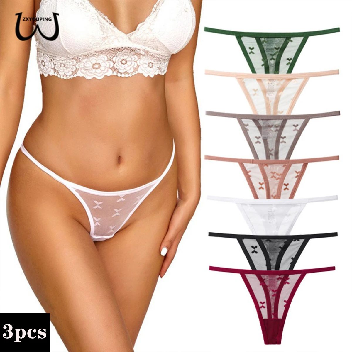 

3PCS Sexy Woman Lace Thong Yoga Sports Panties Low Waist T-back G-stirng Underwear Hollow Butterfly Flower Out Transparent Mesh