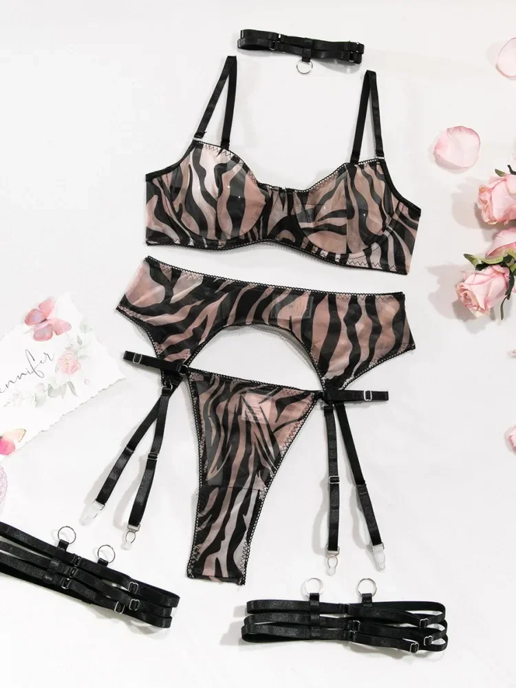 Reggiseno a righe stampato con stampa zebrata in rete di pizzo con perizoma, mutandine, giarrettiera, set di lingerie sexy da 3 pezzi per biancheria intima esotica da donna