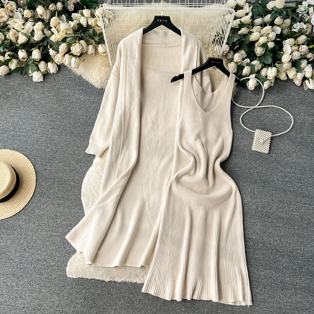 

Croysier Loose Long Cardigan Coat And Midi Dress Two Piece Set For Women Autumn Winter Elegant Casual Knit New In Matching Sets