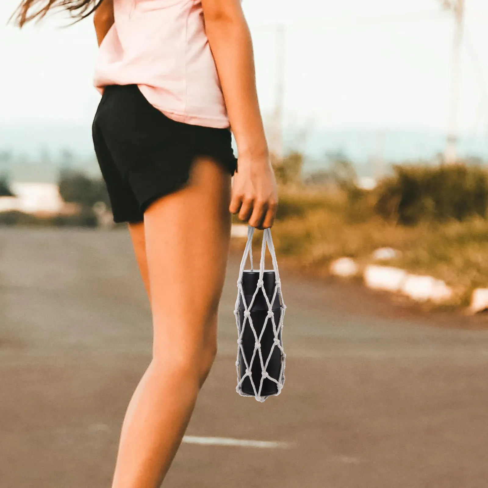 Handwoven Water Bottle Holder Cotton Crochet Sling Bag Boho Style Portable Carrier for Hiking Cycling Daily Use
