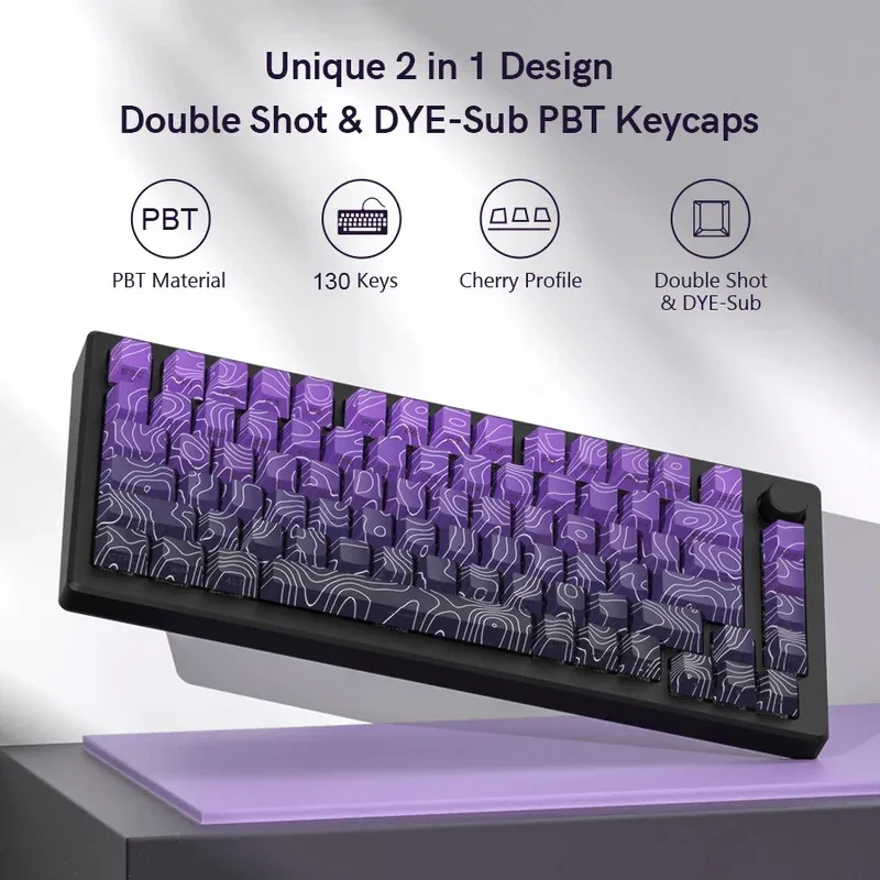 2026 New Purple Topographic Side Print Shine Through Keycaps 97/134+ Key Cherry Profile Double Shot Dye Sub PBT for MX Switch view 3